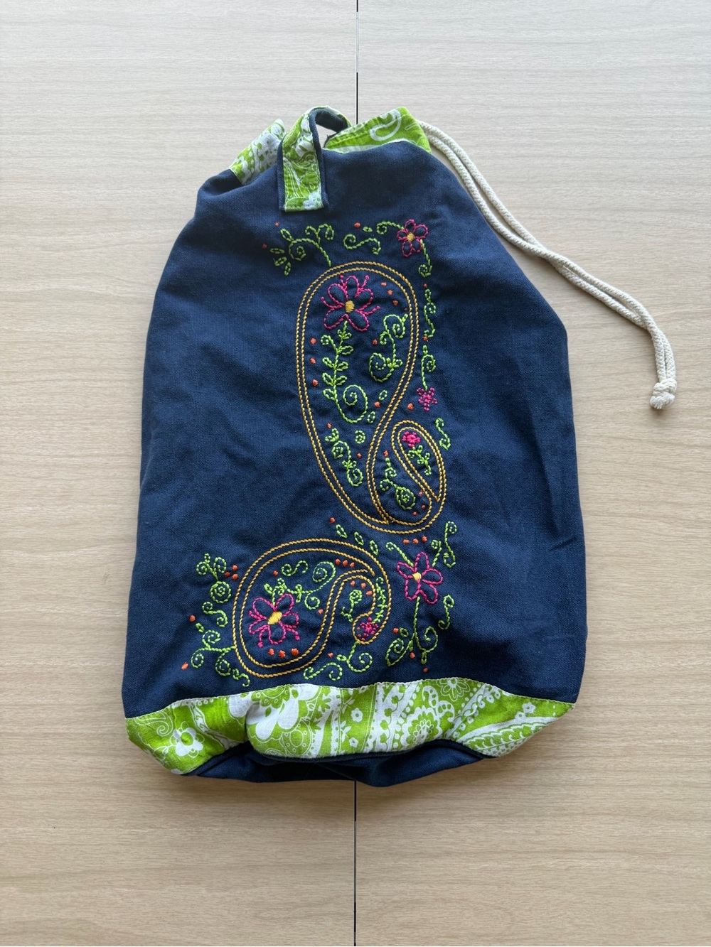NATURAL LIFE Navy Drawstring Crossbody Bag with Green and Pink Paisley Details